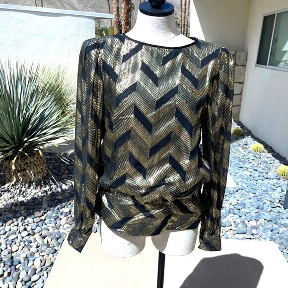 Rimini Top Womens Vintage Rayon Metallic Zig Zag Pattern Side Snap Gold Black - Picture 11 of 12